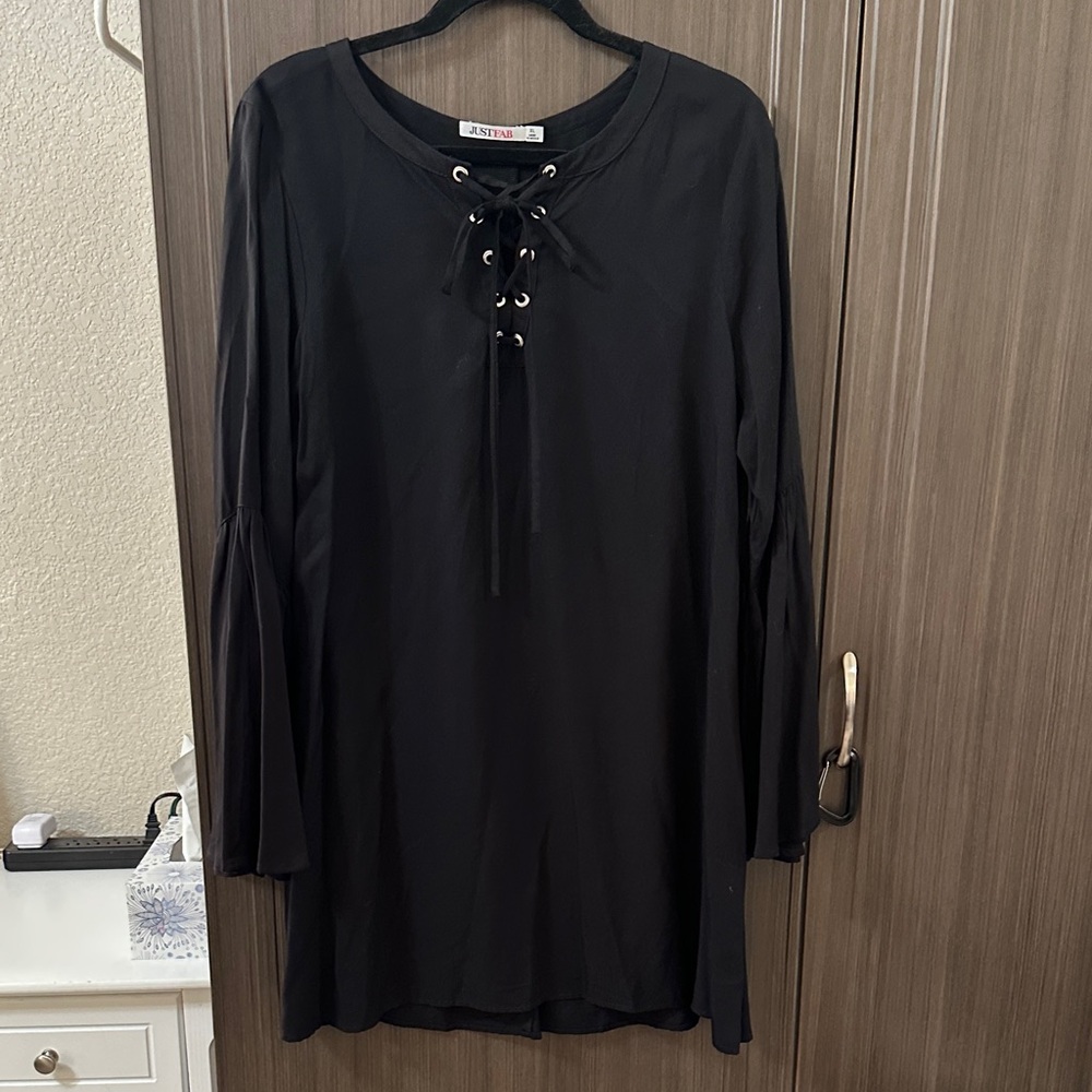JustFab Black Long Sleeve Dress with Lace-Up Detail